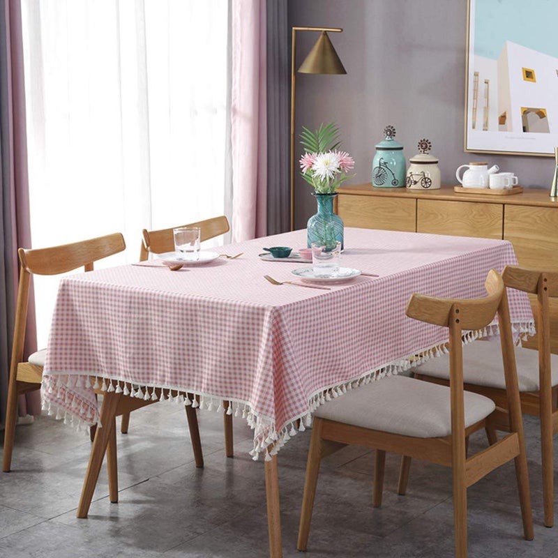 AMZALI Vintage Gingham Checkered Plaid Tablecloth with Tassel Table Cover Cotton Linen Tablecloths for Dinner Party Indoor or Outdoor Use (Square, 55 x 55 Inch) - Image 2